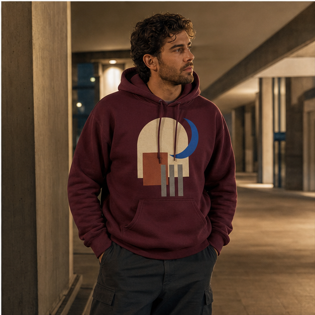 Model wearing After Hours Maroon G18500 pullover hoodie
