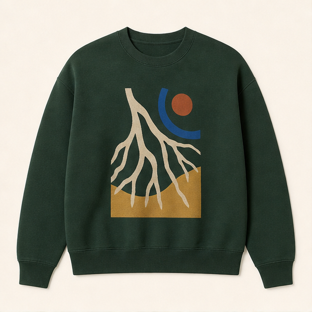 Front view of Grounded Blue Spruce crewneck sweatshirt with root artwork