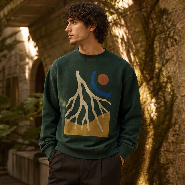 Model wearing Grounded Blue Spruce crewneck in an architectural garden
