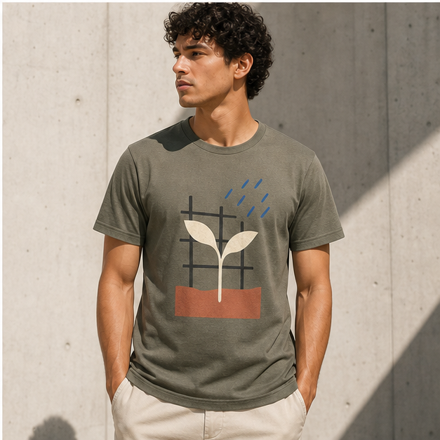 Model wearing Growing Season Army 3001 graphic tee