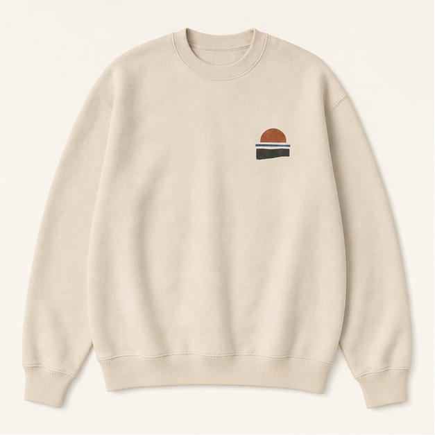 Front view of Horizon Club White crewneck with small chest artwork