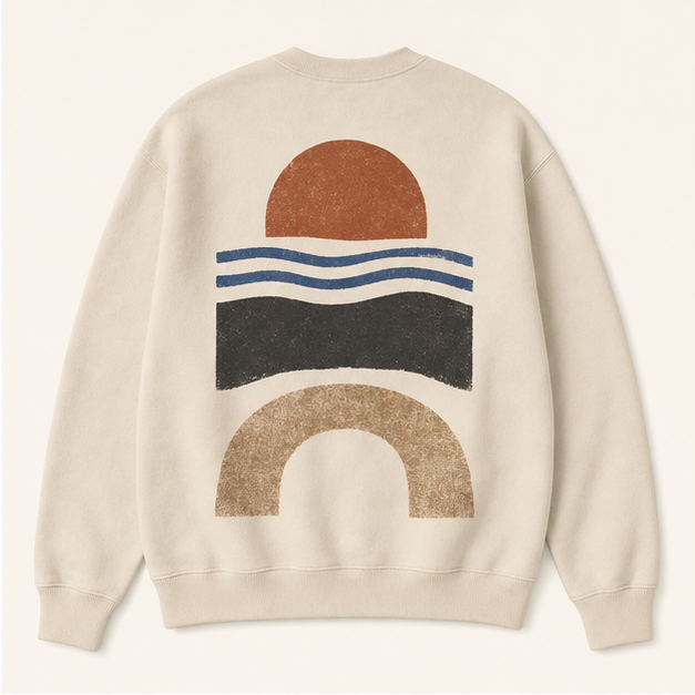 Back view of Horizon Club White crewneck with large horizon graphic