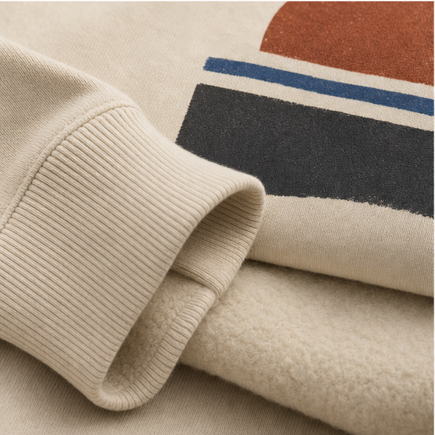 Close-up of White cotton-faced fleece, ribbing, and matte print