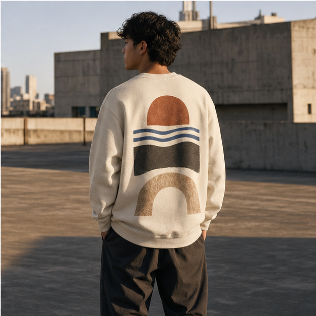 Model wearing Horizon Club White crewneck with back artwork visible