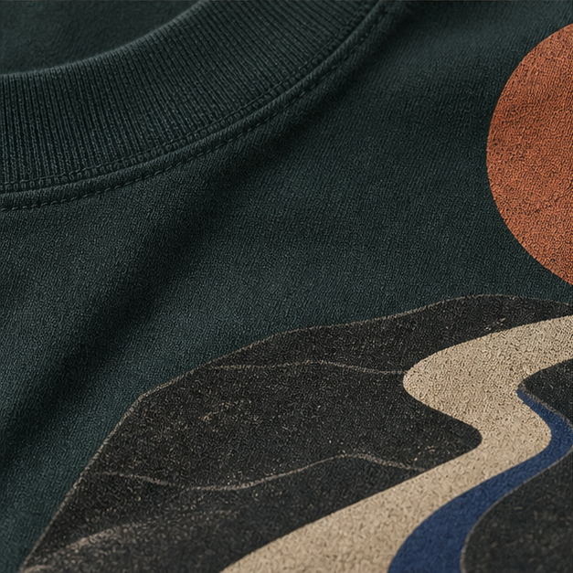 Close-up of Hunter Green 6 oz Airlume cotton and matte path print