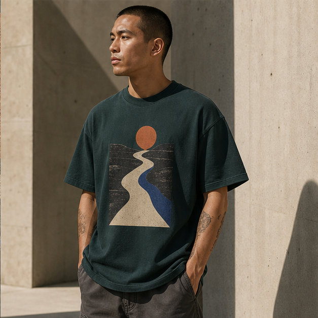 Model wearing Hunter's Path Hunter Green heavyweight tee