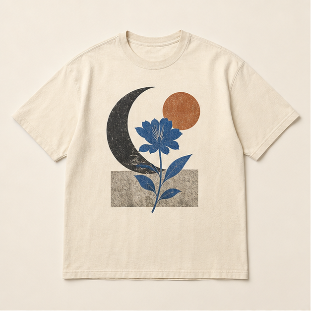 Front view of Lunar Bloom heavyweight graphic tee in warm Ivory cotton