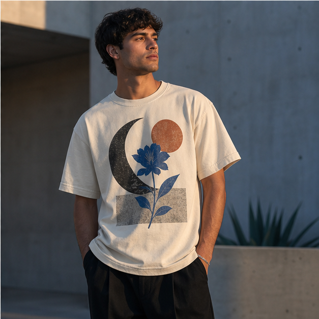 Model wearing Lunar Bloom Ivory tee in soft evening architecture
