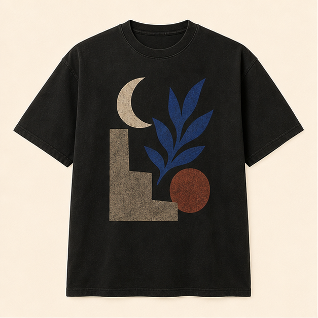 Front view of Night Garden heavyweight graphic tee in washed Black cotton