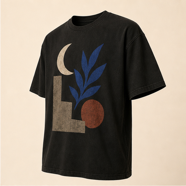 Three-quarter view of Night Garden Black graphic tee