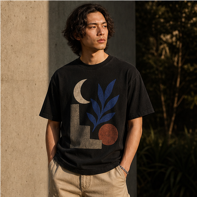 Model wearing Night Garden Black graphic tee at dusk