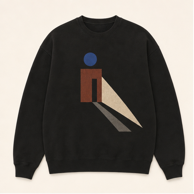 Front view of Night Shift Pepper crewneck sweatshirt with abstract artwork