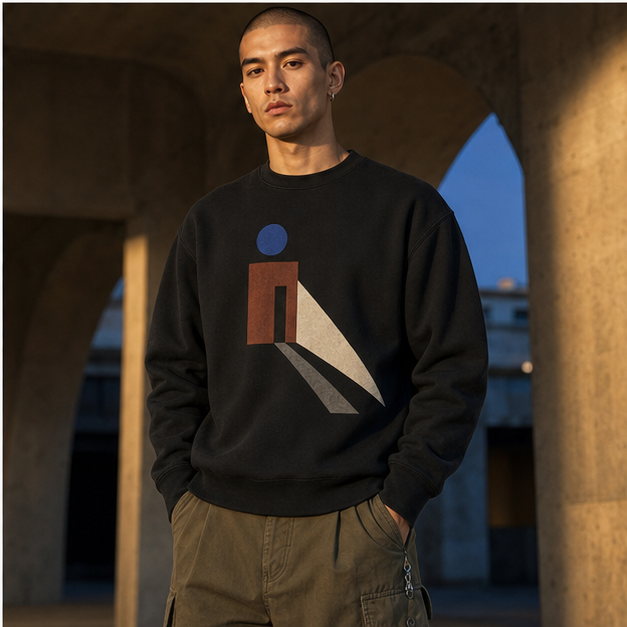 Model wearing Night Shift Pepper crewneck in a blue-hour concrete arcade