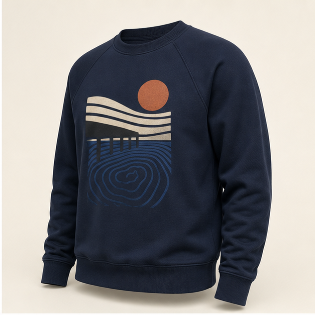 Three-quarter view of Ocean Study Navy raglan crewneck