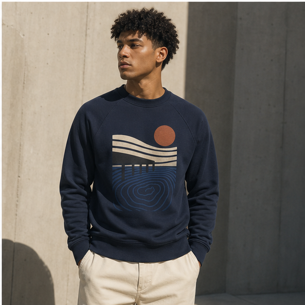 Model wearing Ocean Study Navy 3901 sweatshirt