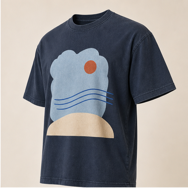 Three-quarter view of Open Sky Washed Navy graphic tee