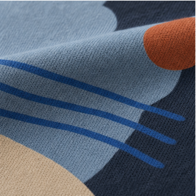 Close-up of Blue Jean cotton and matte Open Sky artwork