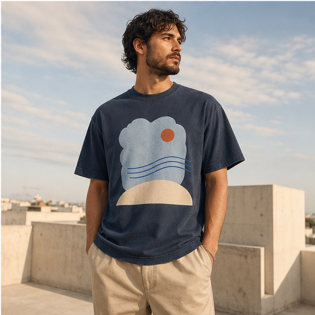 Model wearing Open Sky Washed Navy tee on a warm rooftop