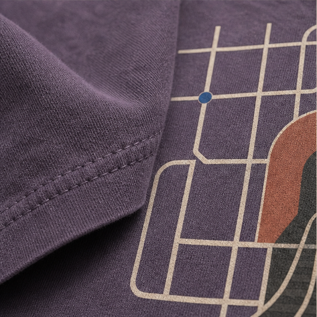 Close-up of Purple Storm 6 oz Airlume cotton and matte transit print
