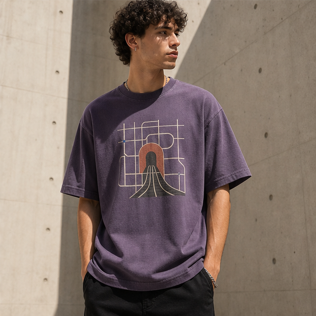 Model wearing Purple Transit Purple Storm heavyweight tee