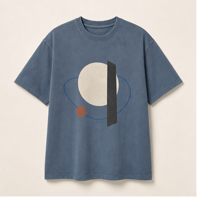 Front view of Quiet Orbit graphic tee in washed Blue Jean cotton
