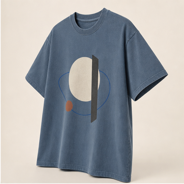 Three-quarter view of Quiet Orbit Blue Jean graphic tee