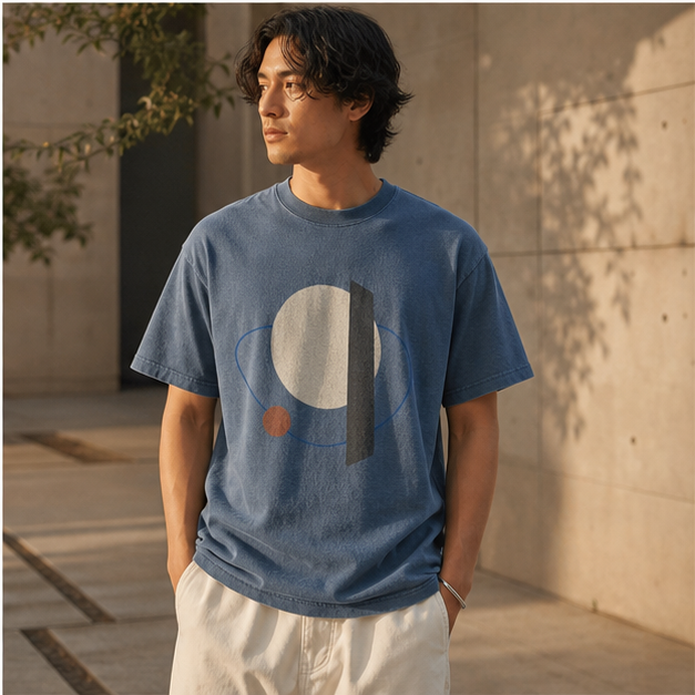 Model wearing Quiet Orbit Blue Jean tee in a minimal urban courtyard