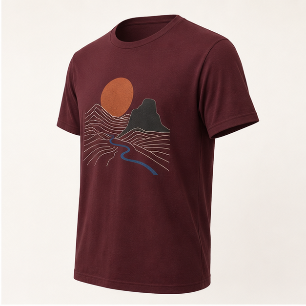 Three-quarter view of Red Earth Maroon 3001 tee