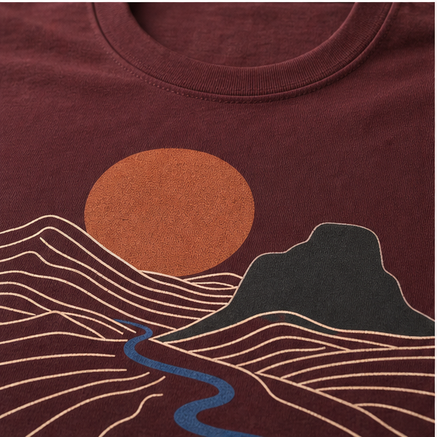 Close-up of Maroon Airlume cotton and matte terrain print