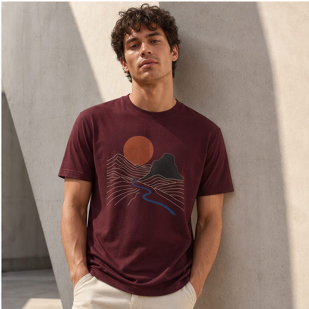 Model wearing Red Earth Maroon 3001 graphic tee