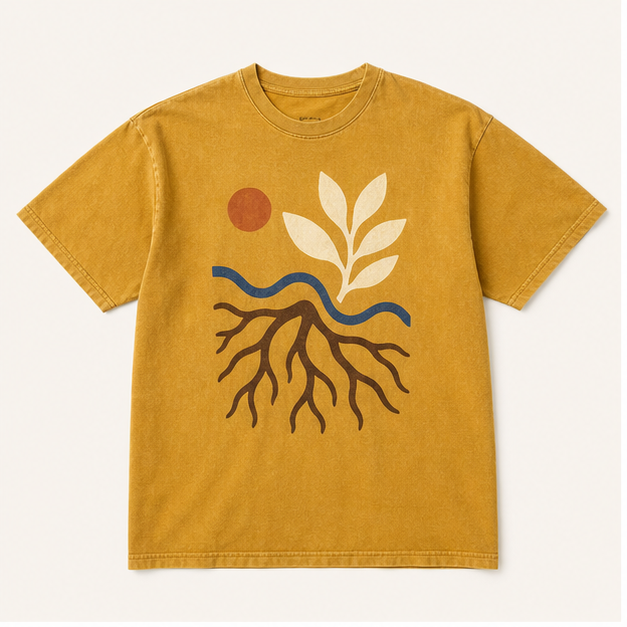 Front view of Root and Rhythm tee in washed Mustard cotton