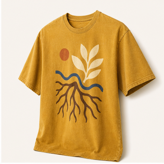 Three-quarter view of Root and Rhythm Mustard graphic tee