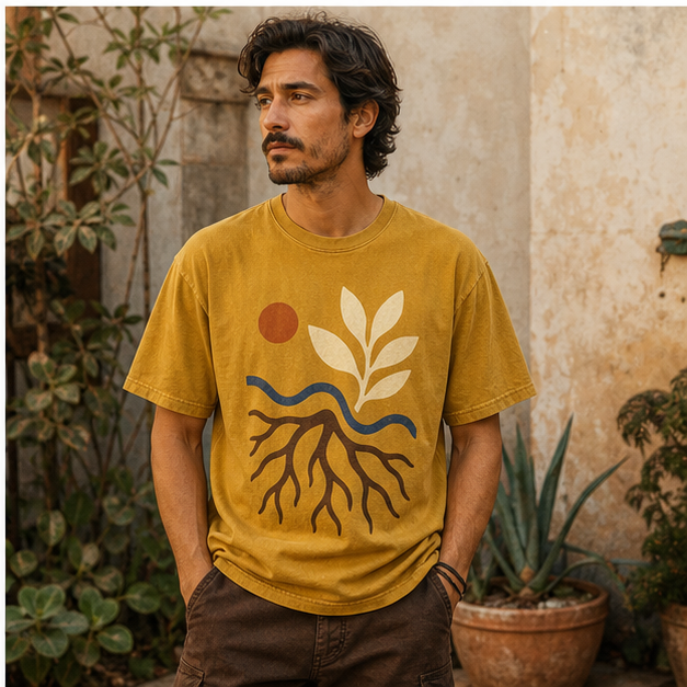 Model wearing Root and Rhythm Mustard tee in a textured garden courtyard