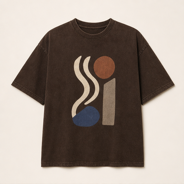 Front view of Slow Current graphic tee in washed Espresso cotton