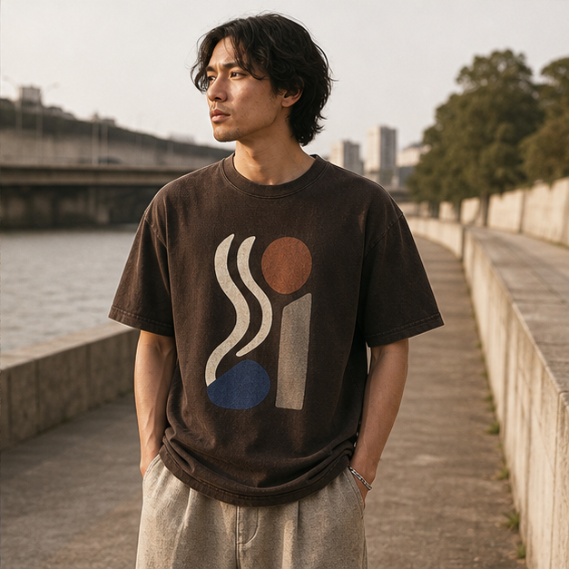 Model wearing Slow Current Espresso tee on a concrete riverside walkway