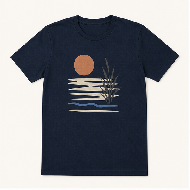 Front view of Still Water 3001 graphic tee in BELLA+CANVAS Navy