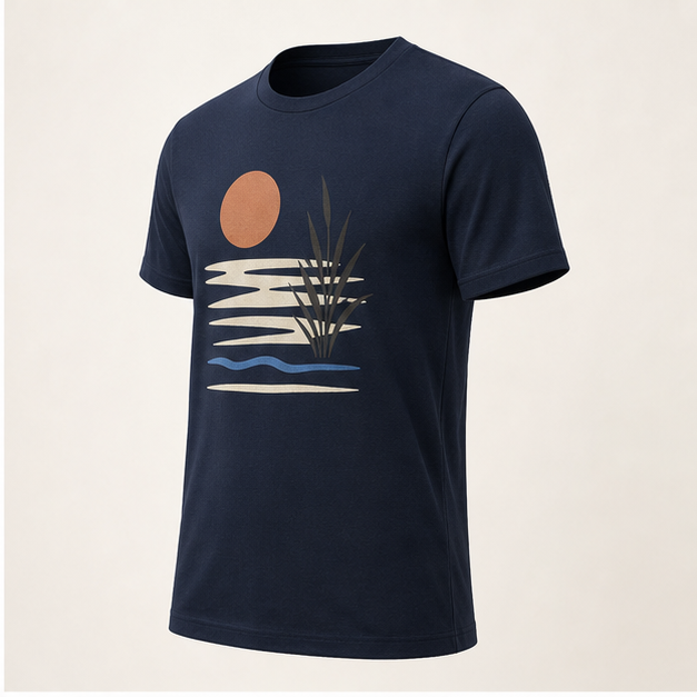 Three-quarter view of Still Water Navy 3001 tee