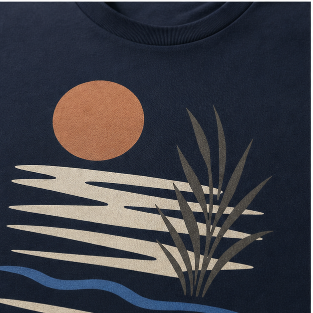 Close-up of Navy Airlume cotton and matte Still Water print