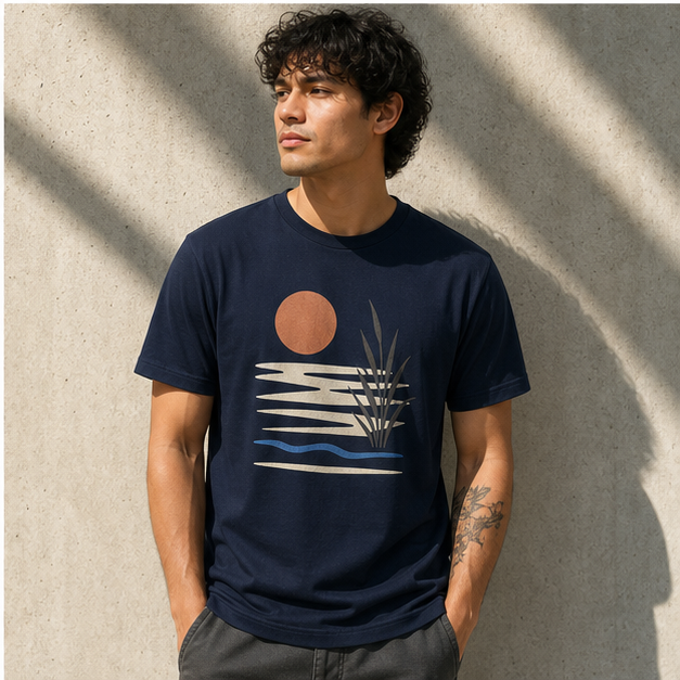 Model wearing Still Water Navy 3001 graphic tee