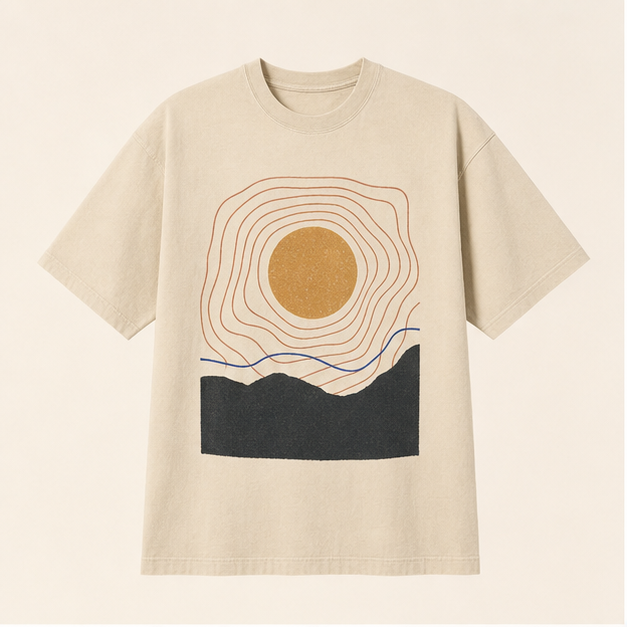 Front view of Sun Trace heavyweight graphic tee in Natural cotton