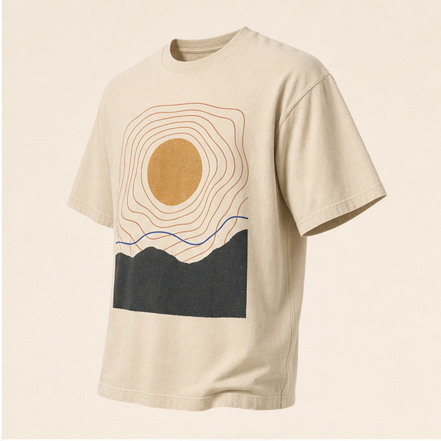 Three-quarter view of Sun Trace Natural graphic tee