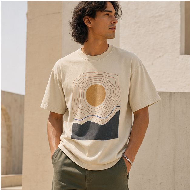 Model wearing Sun Trace Natural tee in sunlit desert architecture