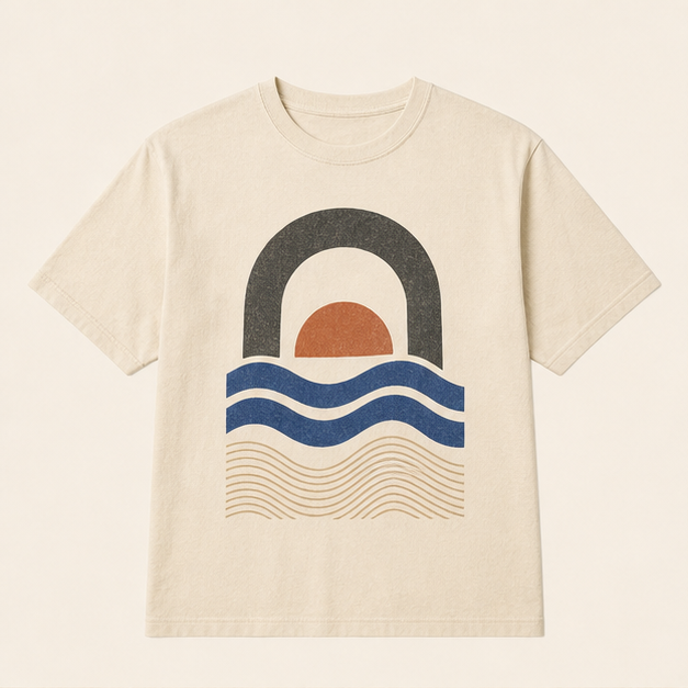 Front view of Tidal Lines heavyweight graphic tee in warm Ivory cotton