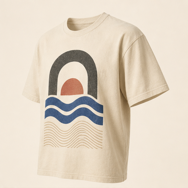 Three-quarter view of Tidal Lines Ivory graphic tee