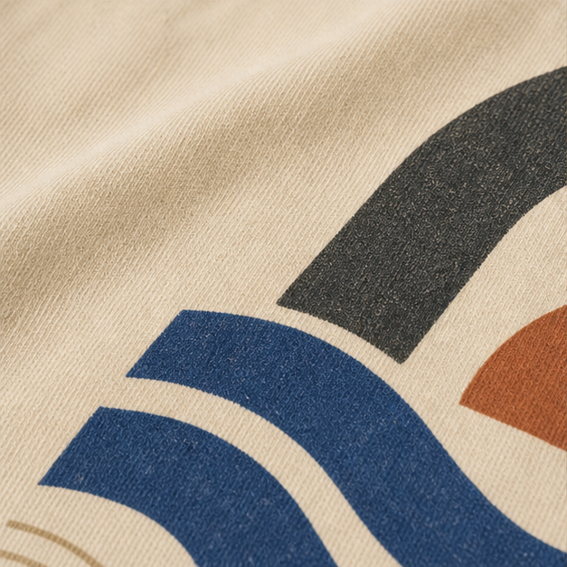 Close-up of Ivory cotton texture and matte Tidal Lines print