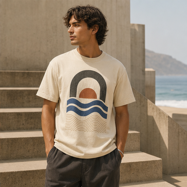 Model wearing Tidal Lines Ivory tee by modern coastal architecture
