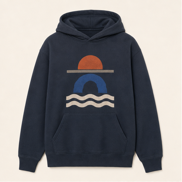 Front view of Tidal Lines pullover hoodie in Blue Jean fleece