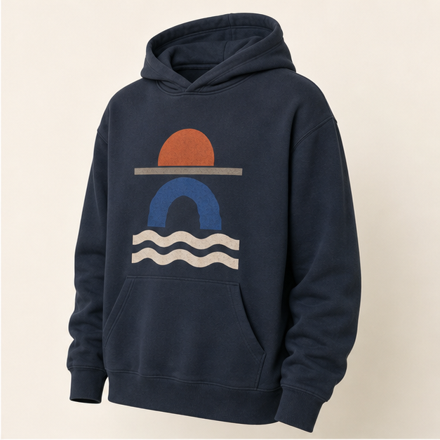 Three-quarter view of Tidal Lines Blue Jean hoodie