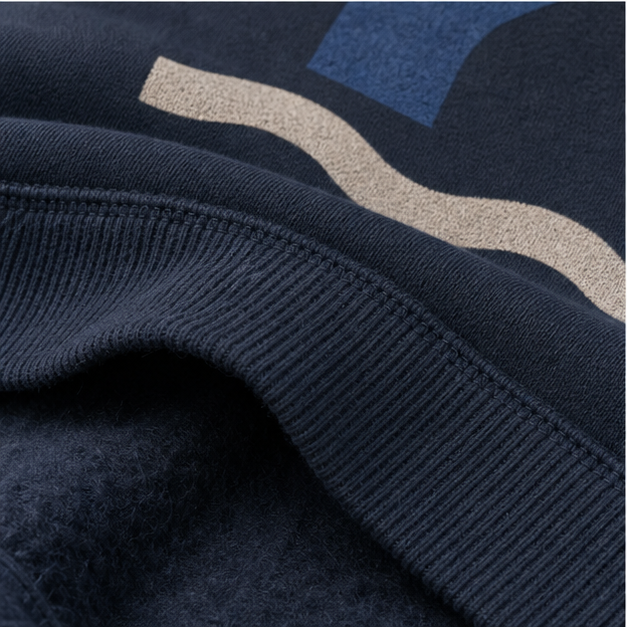 Close-up of Blue Jean cotton-faced fleece and matte tide print