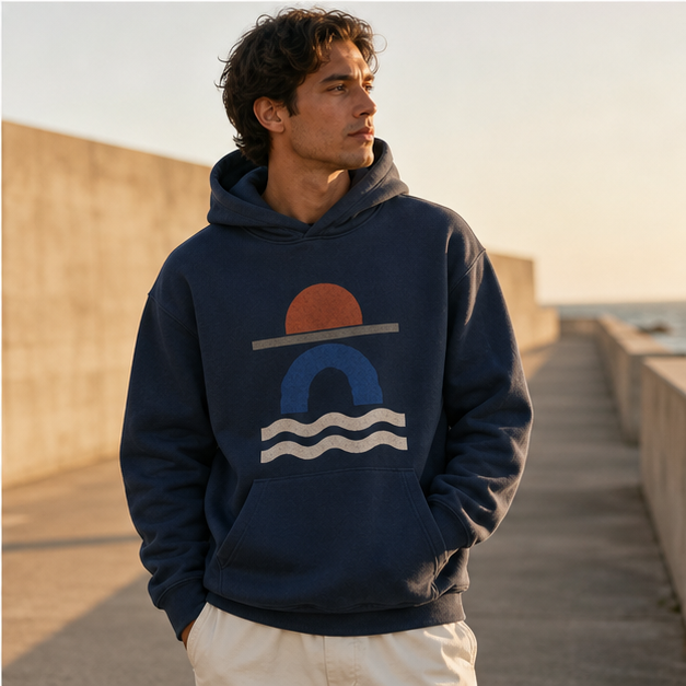 Model wearing Tidal Lines Blue Jean hoodie near coastal architecture